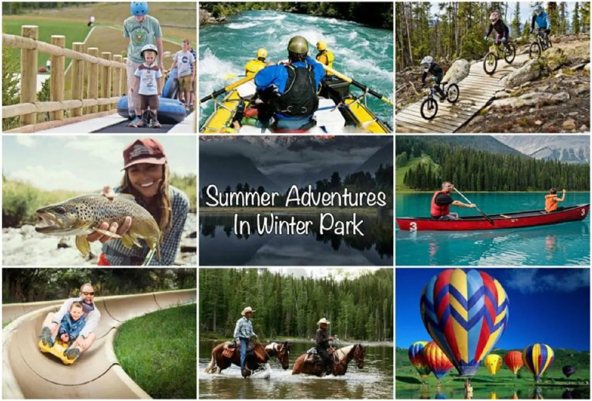 A lively summer outdoor scene featuring families rafting, biking, horseback riding, boating, and children playing amidst colorful balloons and lush nature. The image captures the excitement and joy of summertime mountain adventures, showcasing a range of outdoor activities available to guests.