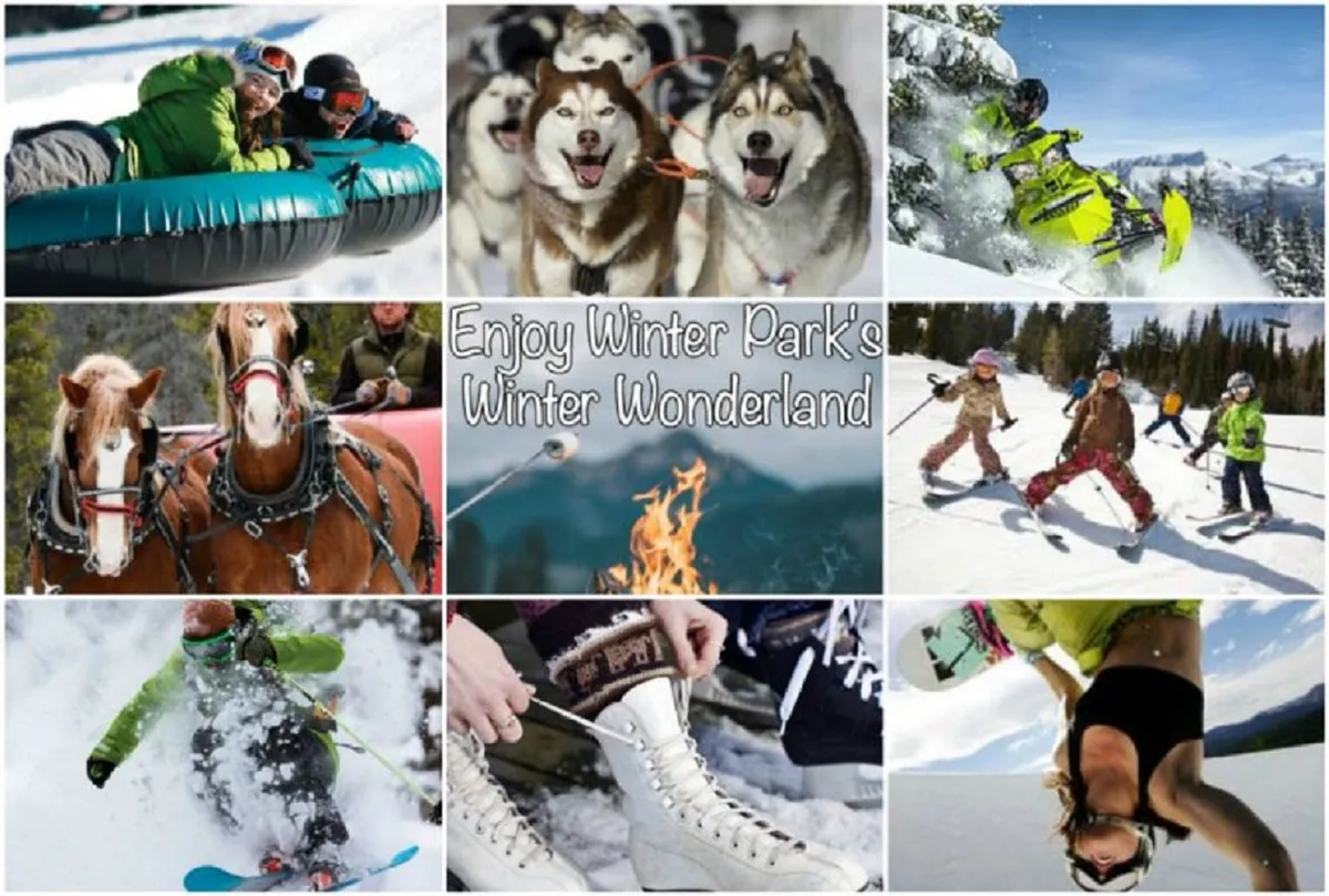 An energetic winter scene bustling with activities: families and children enjoy snow tubing, husky dog sledding, snowmobiling, horse-drawn sleigh rides, and skiing. The area is dotted with winter sports gear, and people relax by a fire pit, encapsulating the thrill of winter adventure and bonding moments in the snow.