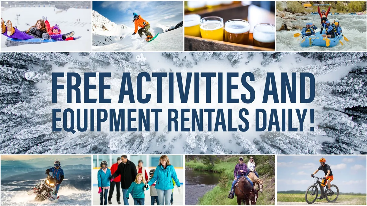 A vibrant collage scene featuring people enjoying winter sports, family outings, craft beers, rafting, horseback riding, and mountain biking, all set within the context of mountain adventure and recreation.