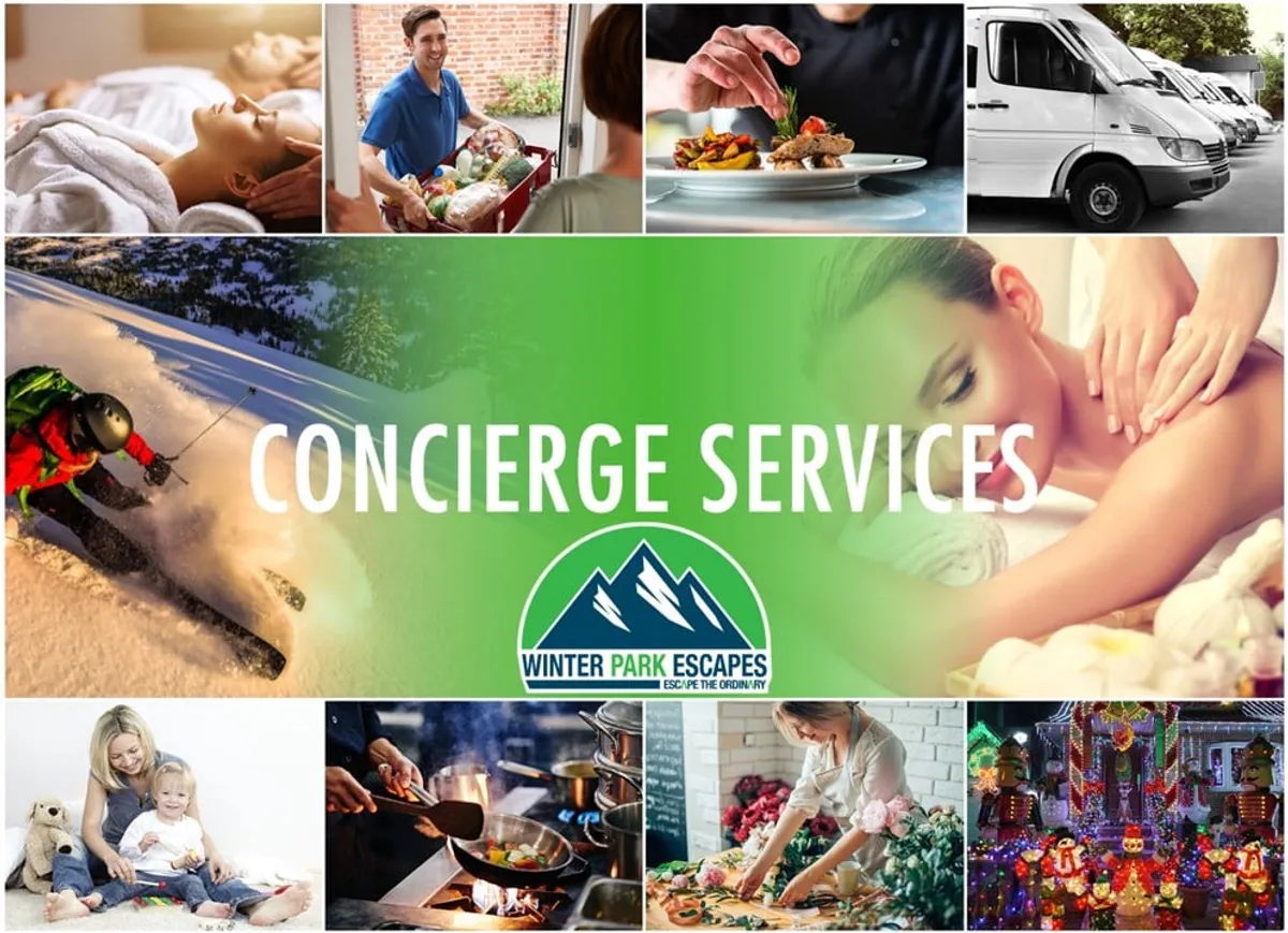 A montage-style interior image with text highlighting concierge services, scenes of skiing, food preparation, spa treatments, family time, and festive decorations. The images collectively suggest luxury, convenience, and tailored experiences for guests.